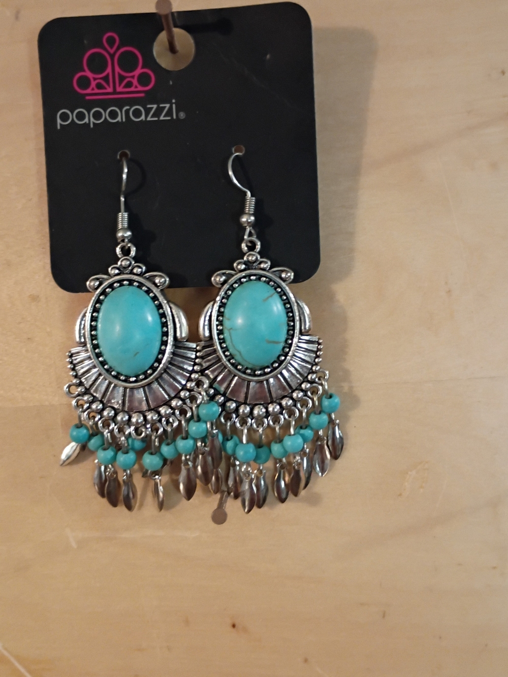 paparazzi Turquoise Stone and Silver Fringe Earrings